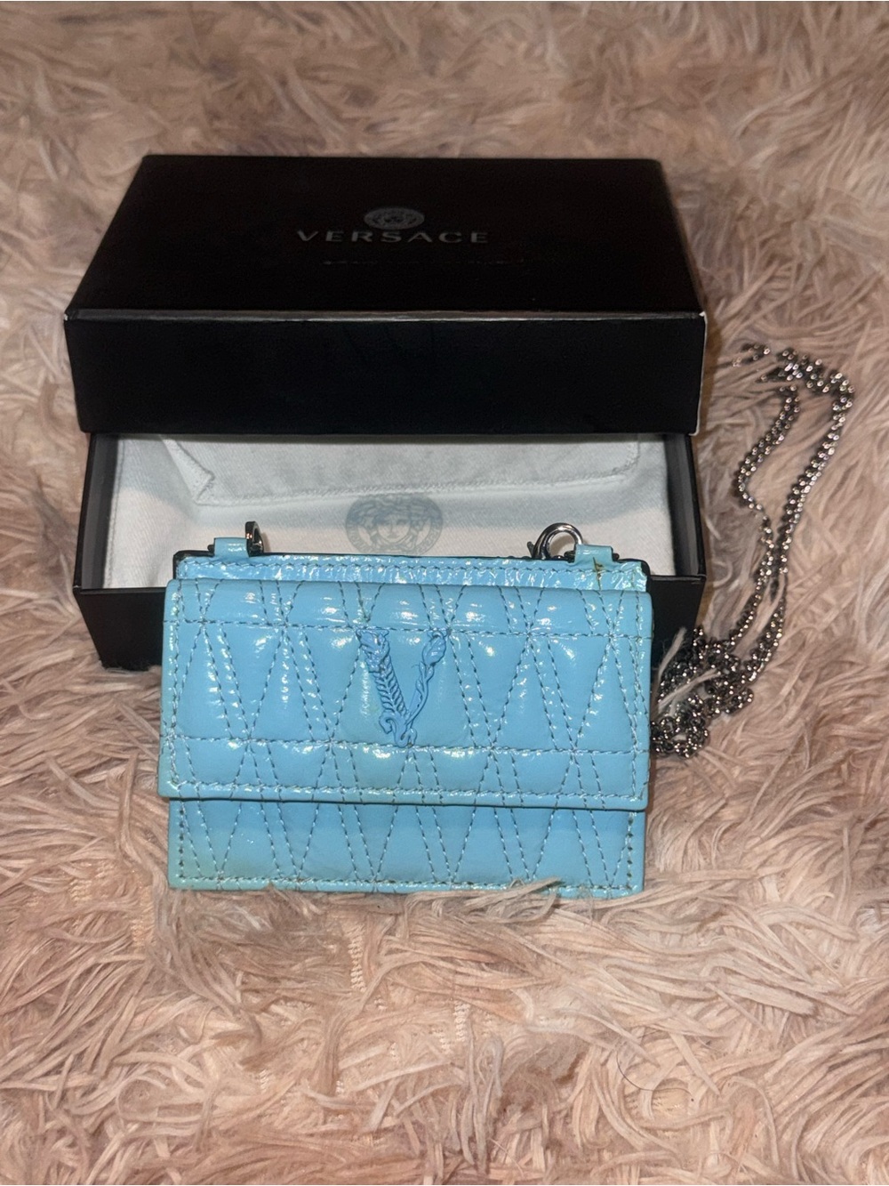 Authenticated Versace Virtus Blue Quilted Mini Chain Wallet Bag